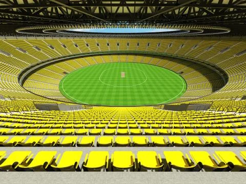 3D render of a round cricket stadium with bright yellow  seats and VIP boxes Stock Illustration