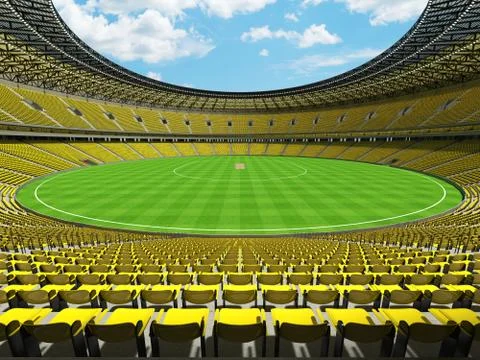 3D render of a round cricket stadium with bright yellow  seats and VIP boxes Illustrazione stock