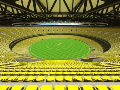 3D render of a round cricket stadium with bright yellow  seats and VIP boxes Stock Illustration