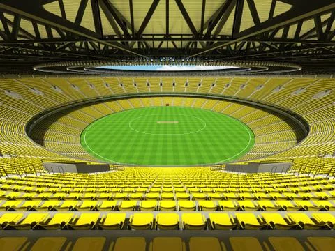 3D render of a round cricket stadium with bright yellow  seats and VIP boxes Illustrazione stock