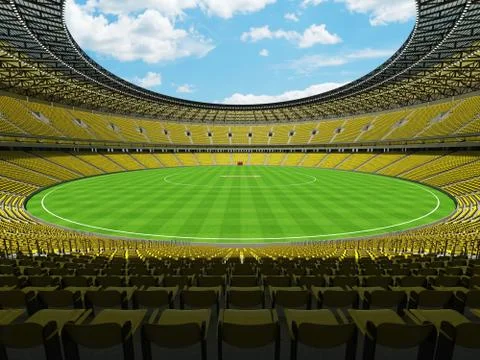 3D render of a round cricket stadium with bright yellow  seats and VIP boxes Stock Illustration