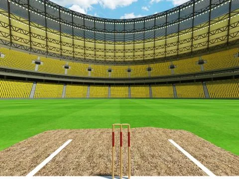 3D render of a round cricket stadium with bright yellow  seats and VIP boxes Stock Illustration