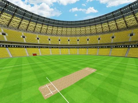3D render of a round cricket stadium with bright yellow  seats and VIP boxes Stock Illustration