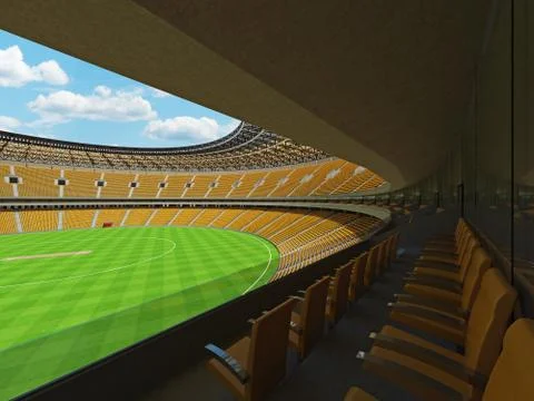 3D render of a round cricket stadium with yellow  seats and VIP boxes Stock Illustration