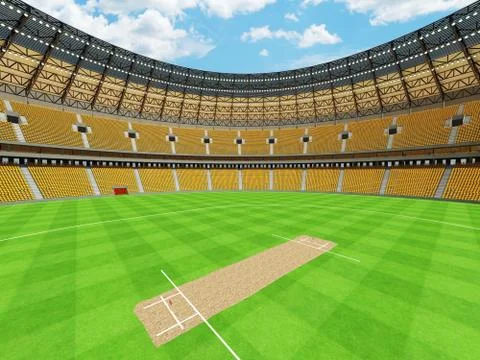 3D render of a round cricket stadium with yellow  seats and VIP boxes Stock Illustration