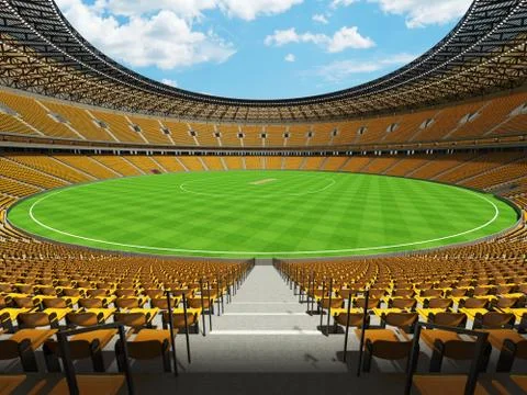 3D render of a round cricket stadium with yellow  seats and VIP boxes Illustrazione stock