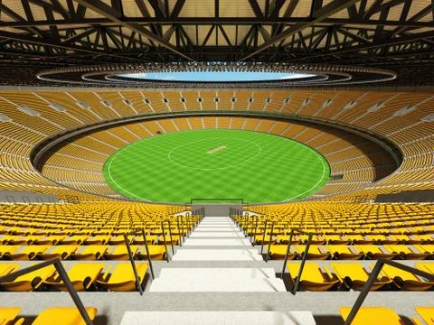 3D render of a round cricket stadium with yellow  seats and VIP boxes Stock Illustration