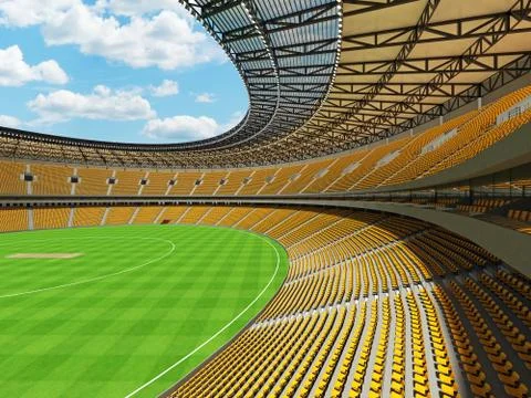 3D render of a round cricket stadium with yellow  seats and VIP boxes Stock Illustration
