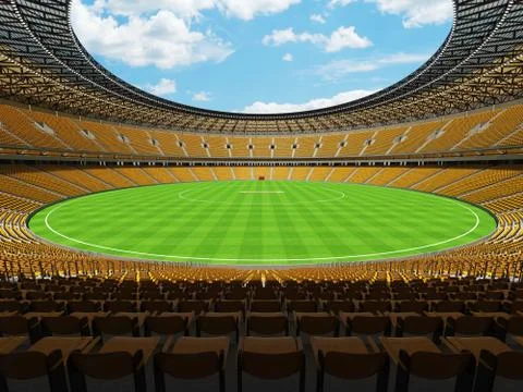 3D render of a round cricket stadium with yellow  seats and VIP boxes Stock Illustration