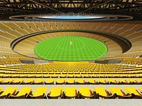 3D render of a round cricket stadium with yellow  seats and VIP boxes Stock Illustration