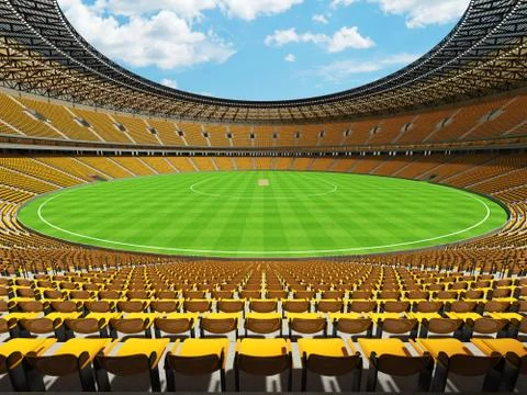 3D render of a round cricket stadium with yellow  seats and VIP boxes Stock Illustration