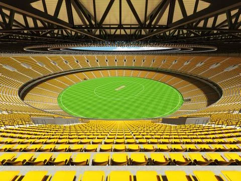 3D render of a round cricket stadium with yellow  seats and VIP boxes Stock Illustration
