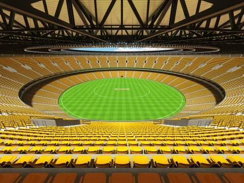 3D render of a round cricket stadium with yellow  seats and VIP boxes Stock Illustration