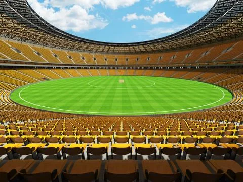 3D render of a round cricket stadium with yellow  seats and VIP boxes Stock-Illustration