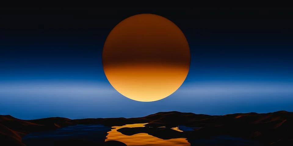 3D render of round lunar eclipse rising over horizon Stock Illustration