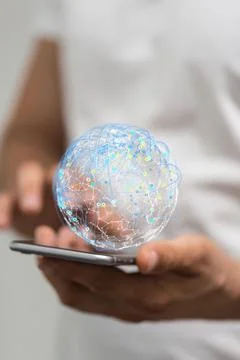 3D render of round particles style design being manipulated by a person in a hol Foto stock