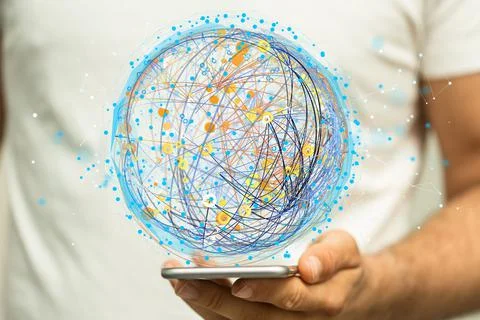 3D render of round particles style design being manipulated by a person in a hol Stock Photos