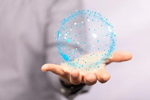 3D render of round particles style design being manipulated by a person in a hol Stock Photos