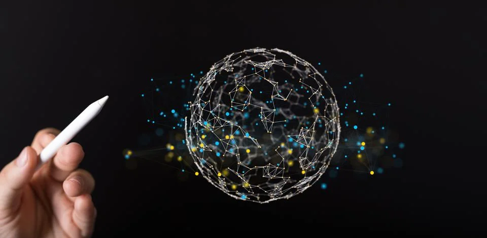 3D render of round particles style design being manipulated by a person in a hol Foto stock