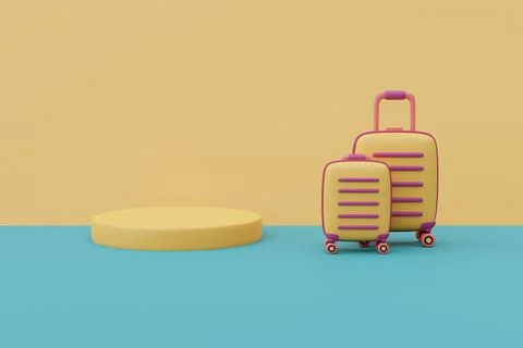 3d render of round podium stage and yellow suitcases  with copy spce for show Stock Illustration