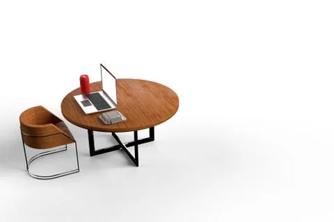 3d render of a round wooden table and wooden chair with metal frame containing a Illustrazione stock
