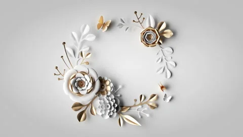 3d render, round wreath of white and gold paper flowers and leaves appear Stock Footage 150909876