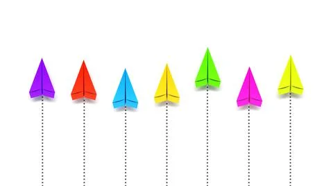 3D render of a row of colorful competing paper planes Stock Illustration
