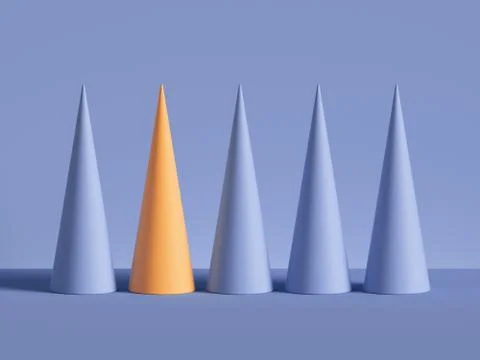 3d render, row of cones isolated on violet background. Abstract primitive Illustrazione stock