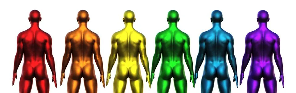 3D render. Row of naked multicolored men stand with their backs against a white Illustrazione stock