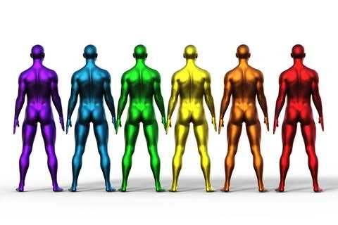 3D render. Row of naked multicolored men stand with their backs against a white Stock Illustration