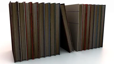 A 3D render of a row of old, weathered hardcover books on an isolated white b Stock Illustration