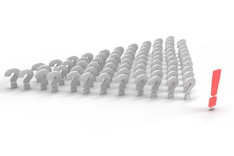 3d render of a row of question marks with a red exclamation mark on a white Stock Illustration