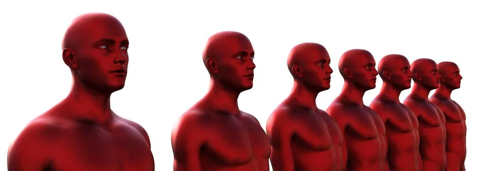 3d render. Row of red metallic bald male heads on white background. Stock Illustration