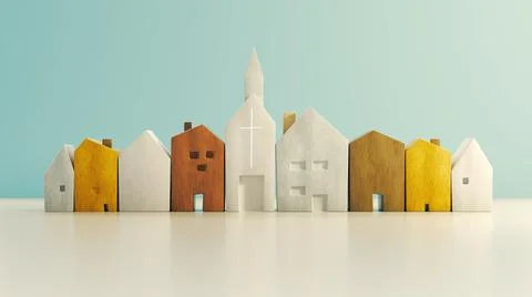 3D render of a row of small wooden houses and a church Stock Illustration