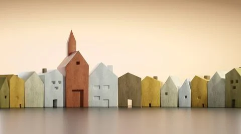 3D render of a row of small wooden houses and a church Stock Illustration