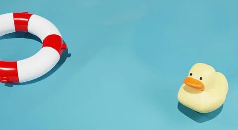 3d render. A rubber duckling and a lifebuoy in the water . 3d illustration Stock Illustration