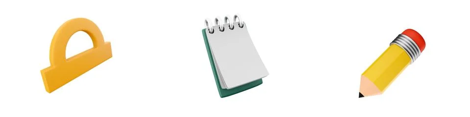 3d render ruler, notebook, pencil icon set on white background. 3d rendering Stock-Illustration