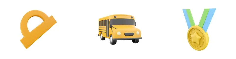 3d render ruler, school bus, award icon set on white background. 3d rendering Stock Illustration