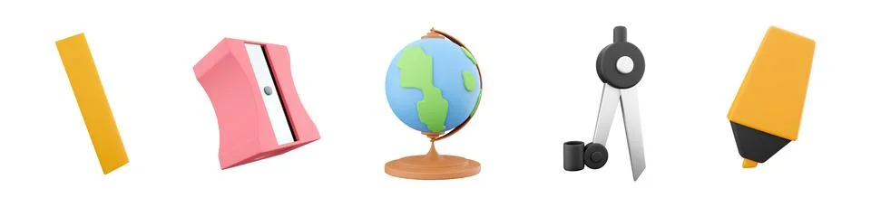3d render ruler, sharpener, globe, compasses, marker icon set on white Stock Illustration