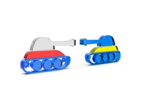 3d render russian and ukraine battle tank facing each other on white backgrou Stock Illustration