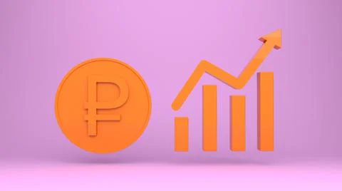 3d render of russian ruble coin and graph up arrow on Violet background Stock Illustration