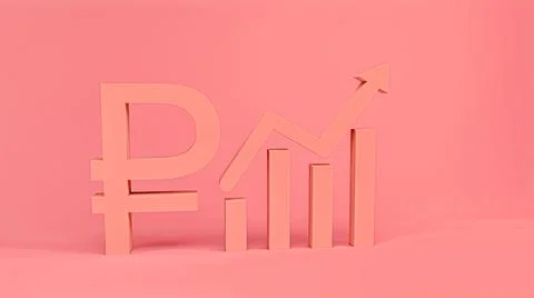 3d render of russian ruble coin icon and graph up arrow on pink background Stock Illustration