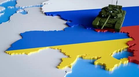 3d render of russian tank aiming in map of Ukraine. Concept of war conflict イラスト素材