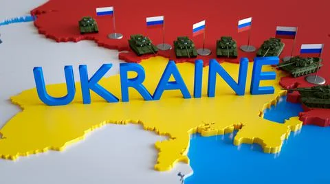 3D render of russian tanks aiming in map of Ukraine. Concept of war conflict イラスト素材