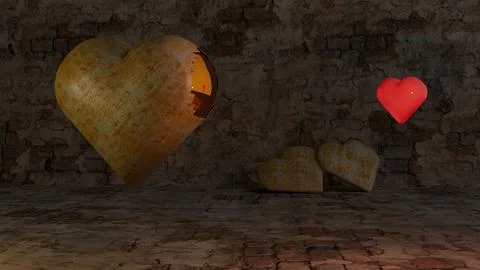 3d render of rusted metaltalic heart warming to shiny new red heart Stock Illustration