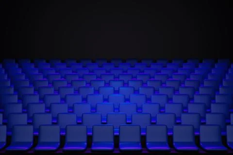 3D render the same rows of blue  cartoon soft chairs in the theater. Concept  Stock Illustration