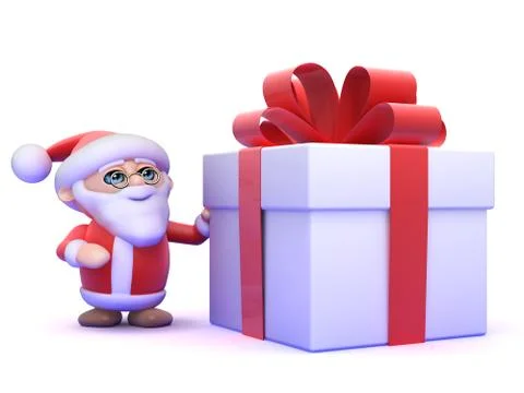 3d render of Santa Claus next to a giant Christmas present Stockillustratie