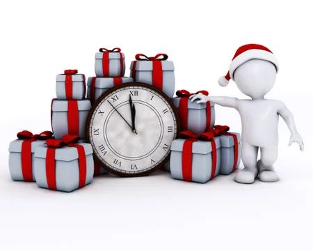 3D Render of Santa Morph Man with clock before midnight Illustrazione stock