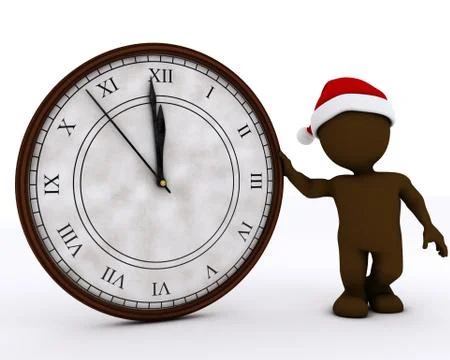 3D Render of Santa Morph Man with clock before midnight Illustrazione stock