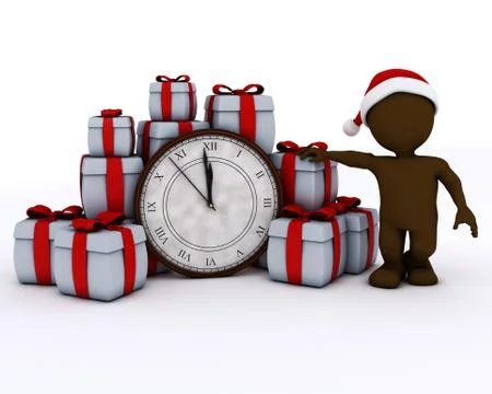 3D Render of Santa Morph Man with clock before midnight Illustrazione stock
